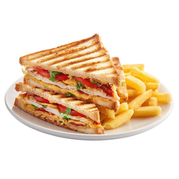 Grilled club sandwich with fries