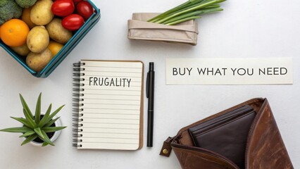 Composition featuring groceries, a notebook with "Frugality," and a handwritten note