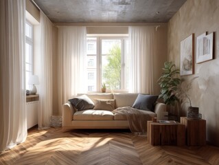 Fototapeta premium A living room with a couch, a potted plant, and a vase