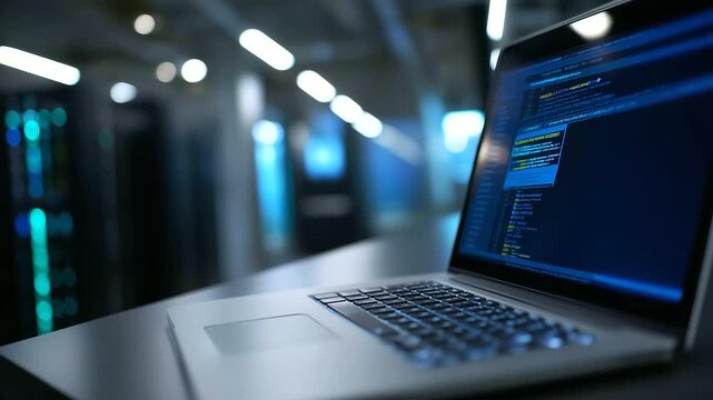 An AI coding script runs on an laptop in a data center powering internet services on generic storage consoles screens showing digital storage systems server racks humming