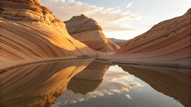 Wind-carved sandstone shaped like waves reflecting in a shallow pool, light shimmer dancing across surface, golden hour tones, surreal geometric beauty, ultra realistic rendering