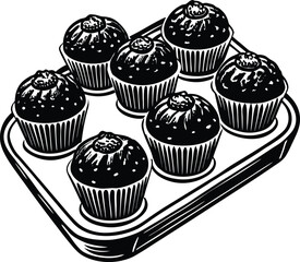 Stylized silhouette of a cat in a garden setting with floral elements and stars above isolated on transparent background