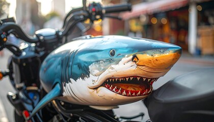 Motorcycle gas tank painted as a fierce great white shark