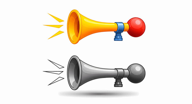 Colorful and monochrome bulb horn set making a loud honking sound, a classic air klaxon vector illustration