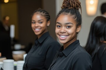 Gorgeous trade show hostesses in professional attire assisting guests at exhibition.