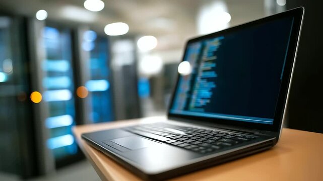 An AI coding script runs on an laptop in a data center powering internet services on generic storage consoles screens showing digital storage systems server racks humming