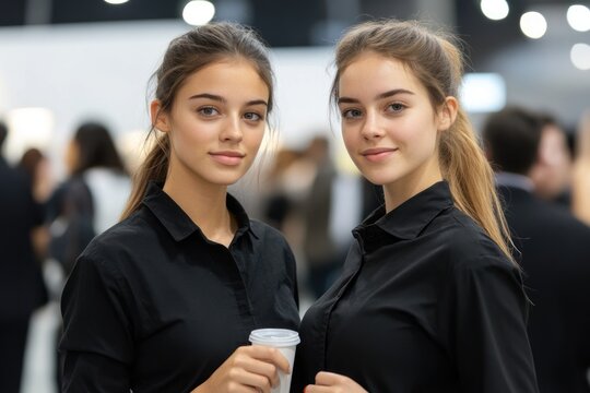 Professional trade show models assisting visitors with information.