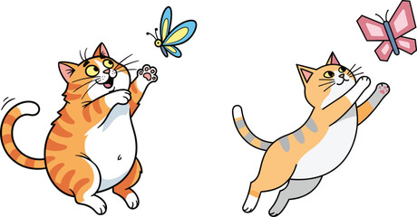 Cartoon cats chasing butterflies, playful feline moment, joyful animal illustration, cute tabby cats, nature interaction, whimsical pet artwork