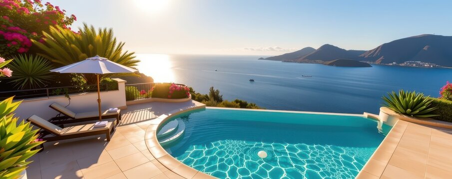 Sun-drenched villa with private infinity pool, lush gardens, and breathtaking ocean views, outdoor living, opulence