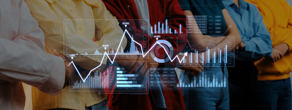A group of individuals dressed in casual attire stands together, with an abstract overlay of digital graphs and data, symbolizing business insights and collaborative effort. Scalp
