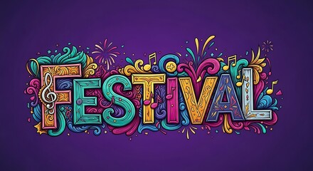 Colorful Celebration: Artistic Illustration of the Word 'Celebration' with Decorative Elements, Musical Notes, and a Festive Purple Background.