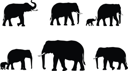 Elephant silhouette vector illustration, wildlife family pose graphic, black animal design with baby and adult elephants, nature species grouping for safari theme