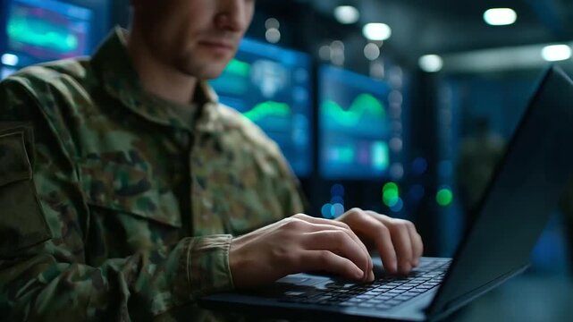 A close up of an army IT specialist in a server hub in uniform with generic non identifiable patches using a laptop with AI tools for battlefield analytics on generic tactical