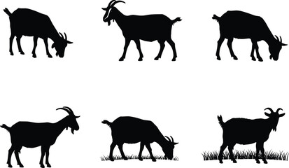 Goat silhouette vector set, grazing and walking poses, horned farm animal illustration, black livestock design, nature grass scene, editable stock elements