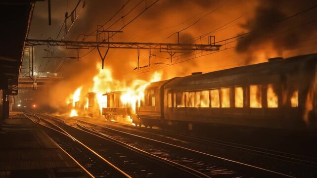 Burning train at station fire and smoke with dark atmosphere