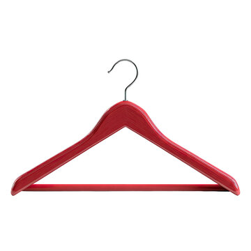 A bright red wooden clothes hanger, chrome hook, set against a black backdrop