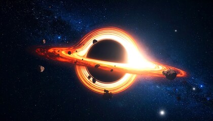 A stylized cosmic rendering features a black hole swallowing light, surrounded by a luminous accretion disk, against a starry expanse. Asteroids orbit