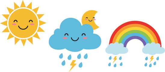 Cute cloud and moon with rainbow cartoon vector illustration