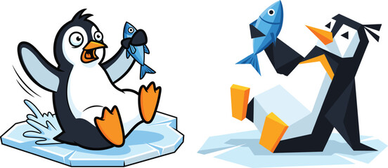 Cartoon penguins holding fish, contrasting art styles, icy platform scene, playful animal moment, cute arctic birds illustration