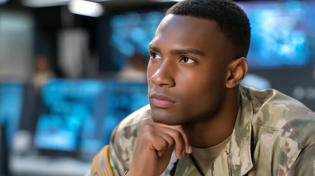 An army software engineer in a command post codes AI brain systems on generic consoles; uniform features generic non identifiable patches coordinating defense operations