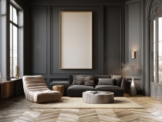 A living room with a large white framed picture on the wall