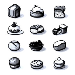 Collection of illustrated baked goods and desserts arranged in a grid with varied textures and
