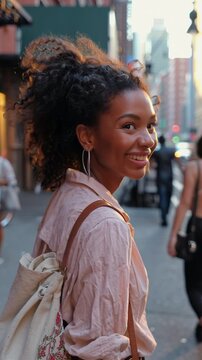  A confident and stylish Black woman walks through the vibrant streets of SoHo, New York, catching the eye of the camera, turning her head, and offering a friendly smile.