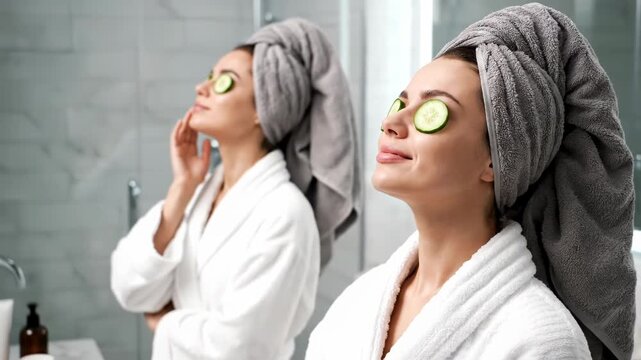 Woman in a bathrobe with cucumber slices on her eyes and a towel on her head, enjoying a spa treatment vector illustration