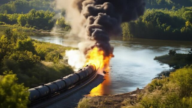 Burning train derailment with flames and smoke beside river landscape