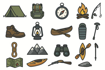 Camping and outdoor adventure icons: tent, backpack, compass, fishing, and more