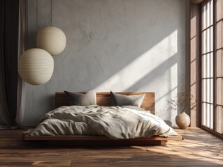 A bedroom with a wooden bed and two lamps hanging from the ceiling