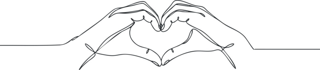 Minimalist line art illustration of two hands forming a heart shape symbolizing love and connection.