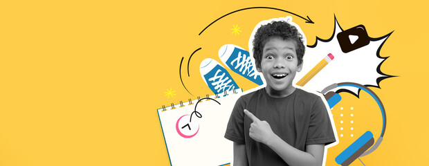 A joyful child with curly hair points enthusiastically amidst a colorful collage featuring school supplies and digital elements. The vibrant yellow background enhances the playful mood.