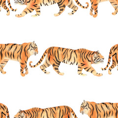 Obraz premium Animal seamless pattern with tigers. Watercolor print. Exotic hand drawn illustration on white background