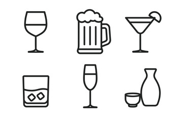 Minimalist icons of various alcoholic drinks: wine, beer, cocktail, whiskey, champagne, sake