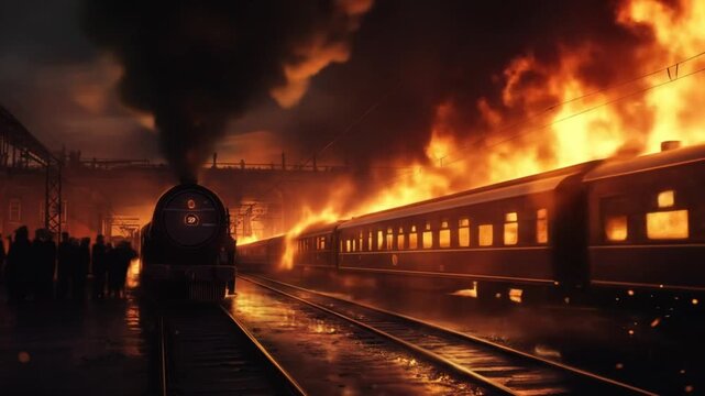Burning train with flames and smoke on railroad tracks illustration