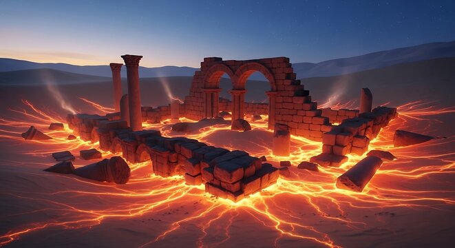 Ruins Ablaze - Ancient Structure Engulfed in Fiery Light at Dusk.