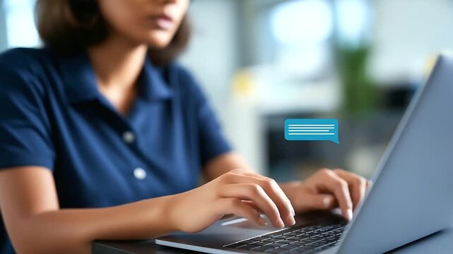A call center employee uses an AI chatbot on an laptop to reply to customer queries on a generic automation interface a bustling office AI customer support chatbot automation
