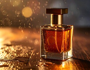 Luxury Perfume Bottle with Golden Liquid and Sparkling Droplets on a Wooden Surface