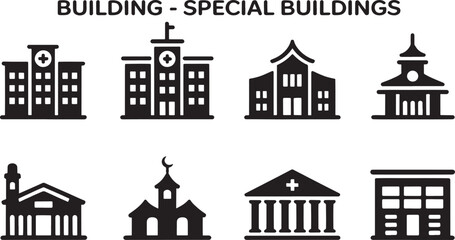 Collection of Iconographic Representations of Various Special Building Types Illustrating Diverse Architectural Styles and Functions
