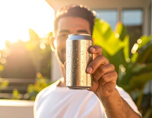 Man holding a cold, refreshing beverage can outdoors during a beautiful golden hour sunset