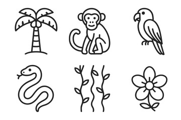 Jungle theme icon set with monkey, palm, parrot, snake, vines, and flower