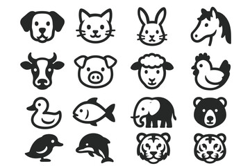 Obraz premium Set of cute animal icons featuring dog, cat, rabbit, horse, farm, and wild animals