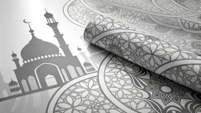 Elegant Islamic geometric pattern with mosque silhouettes creates a serene and peaceful atmosphere, perfect for Ramadan designs and cultural events