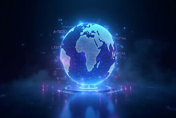 Futuristic holographic glowing digital earth globe with abstract data streams and glowing lights on a dark background