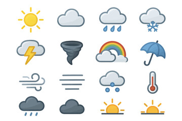 Obraz premium Weather icons: sun, clouds, rain, snow, tornado, rainbow, lightning, wind, thermometer