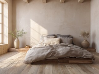 A bedroom with a bed, a vase, and a book