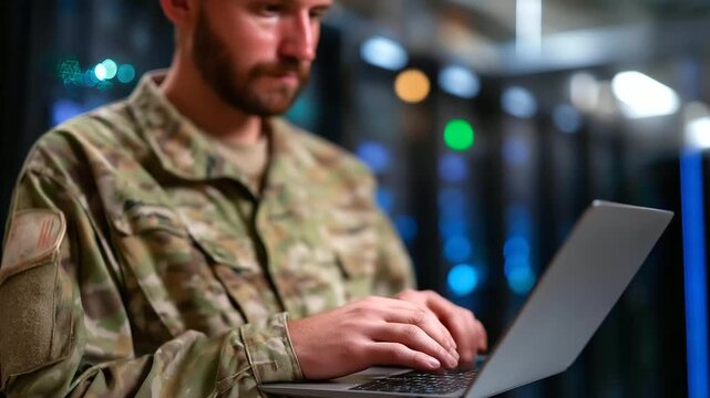 A close up of an army IT specialist in a server hub in uniform with generic non identifiable patches using a laptop with AI tools for battlefield analytics on generic tactical