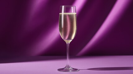 Glass of champagne on a purple background. the glass is tall and slender with a long stem and a round base. it is filled with a golden-colored liquid, which appears to be sparkling champagne.