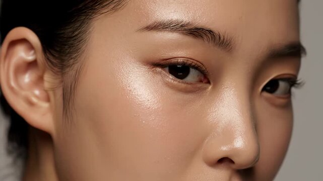 Closeup extreme detail of a young asian womans face, highlighting her glowing, dewy, and radiant skin with subtle makeup vector illustration